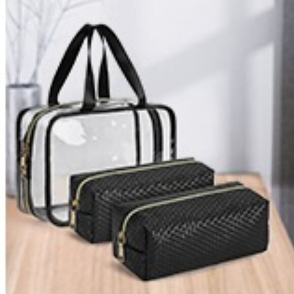 3 Pcs 1 Clear Waterproof Cosmetic Bag, 2 Travel Makeup Bags Leather Weave Makeup - Picture 3 of 5